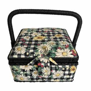Sewing Box Basket Vintage Square Floral Design Padded w/ Handle‎